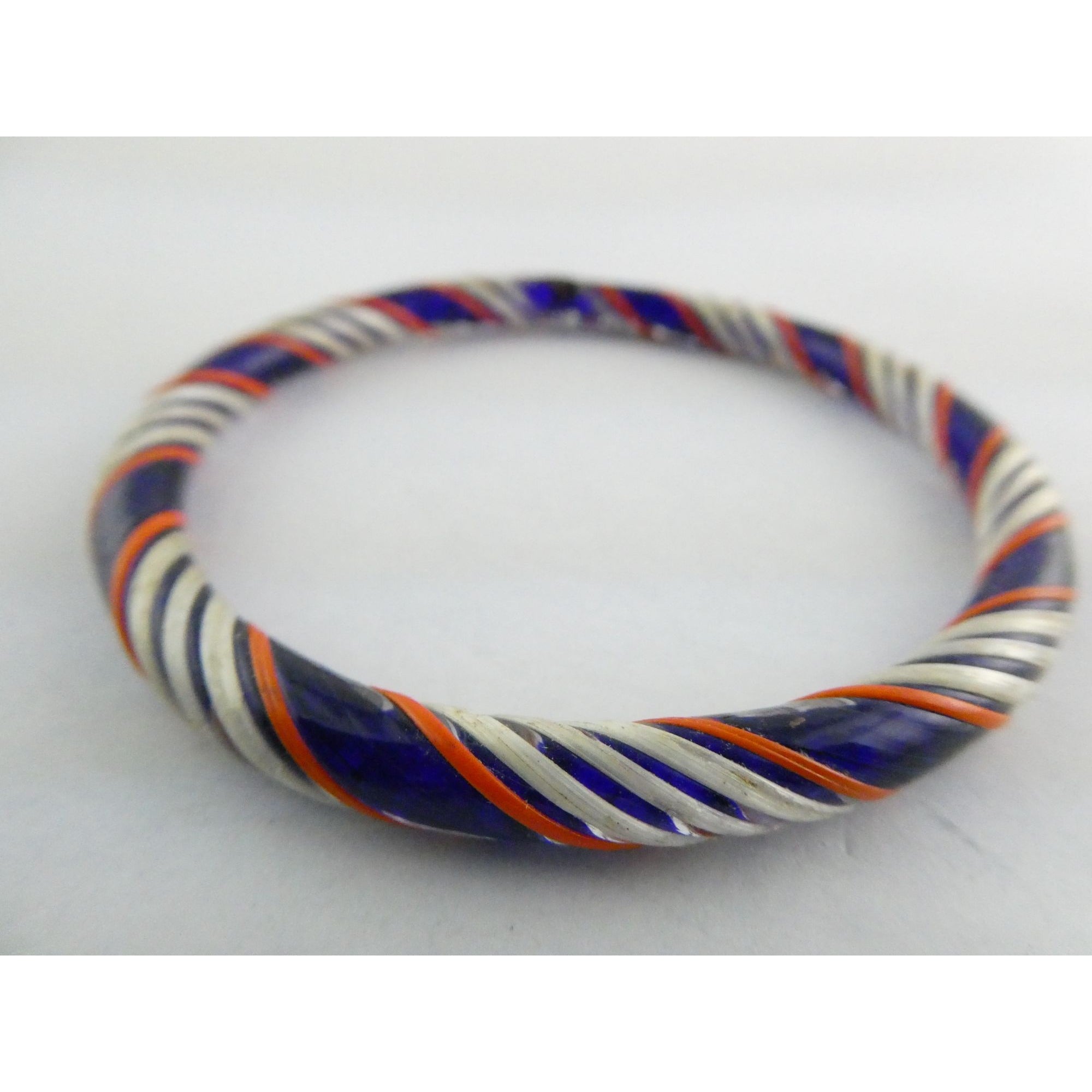 Vintage Art Glass Twirled Lined Design Blue Bangle Bracelet 8 Inches Small CHIP