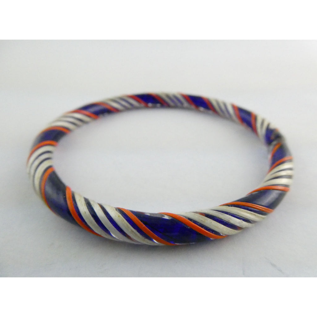 Vintage Art Glass Twirled Lined Design Blue Bangle Bracelet 8 Inches Small CHIP