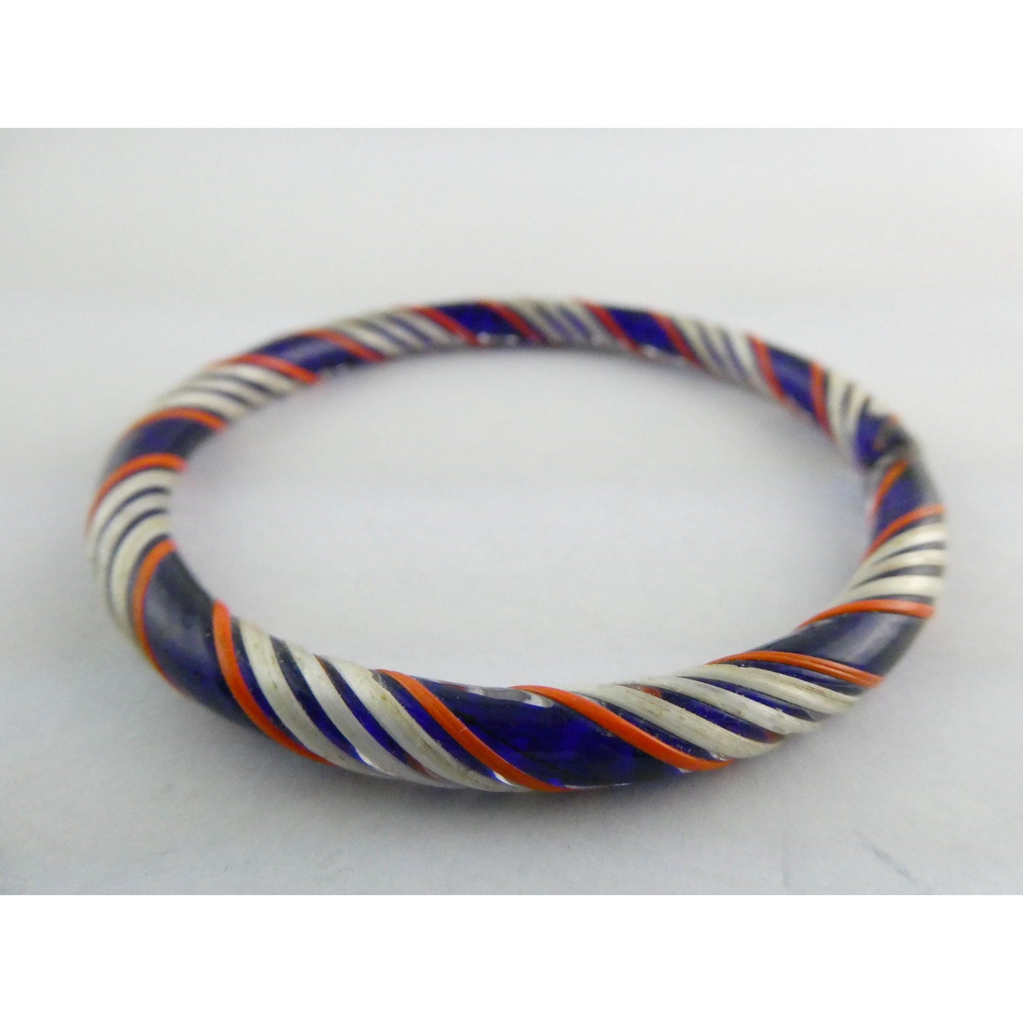 Vintage Art Glass Twirled Lined Design Blue Bangle Bracelet 8 Inches Small CHIP