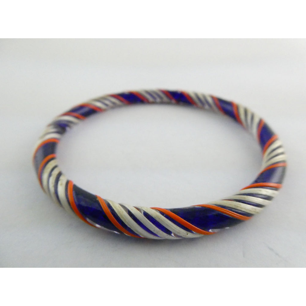 Vintage Art Glass Twirled Lined Design Blue Bangle Bracelet 8 Inches Small CHIP