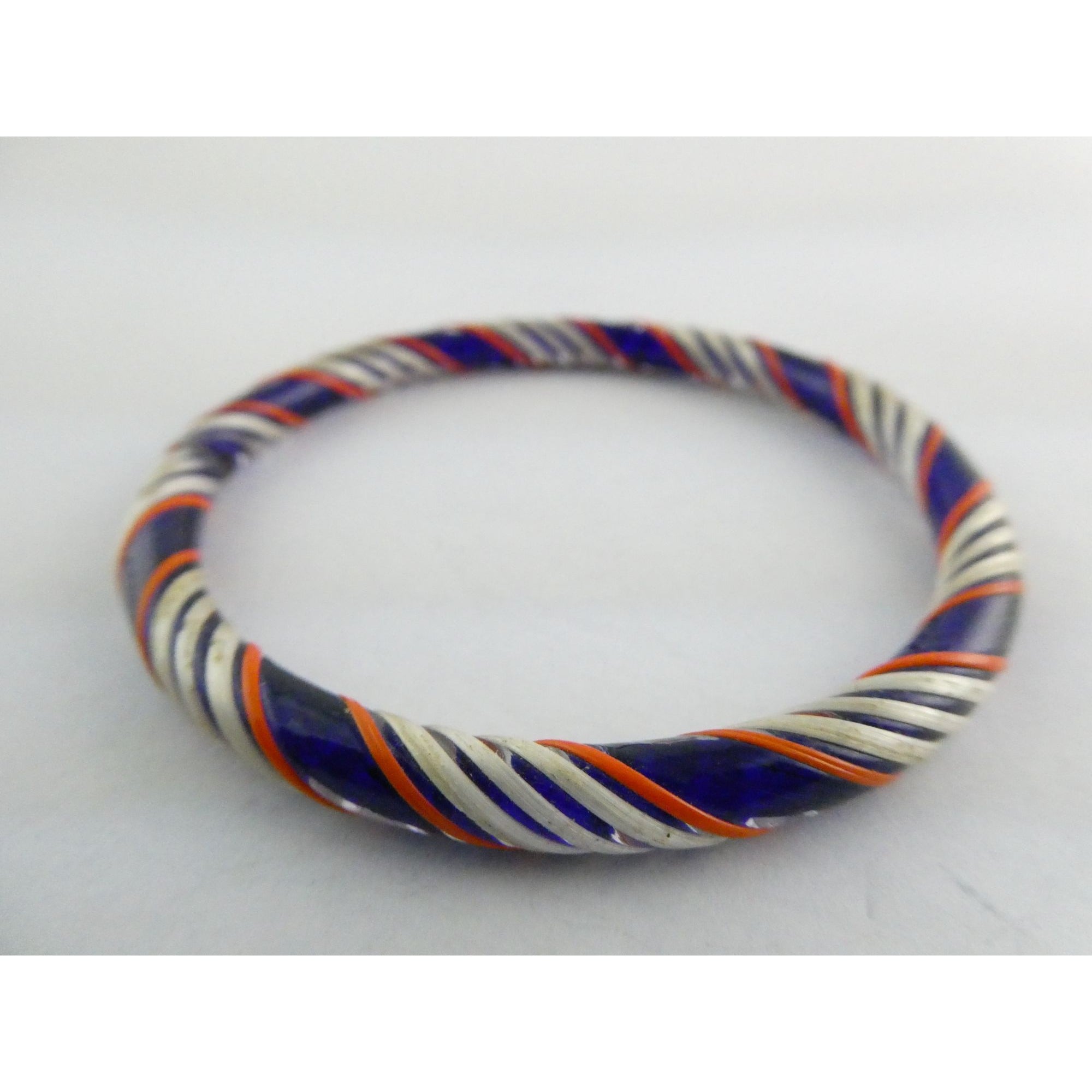 Vintage Art Glass Twirled Lined Design Blue Bangle Bracelet 8 Inches Small CHIP