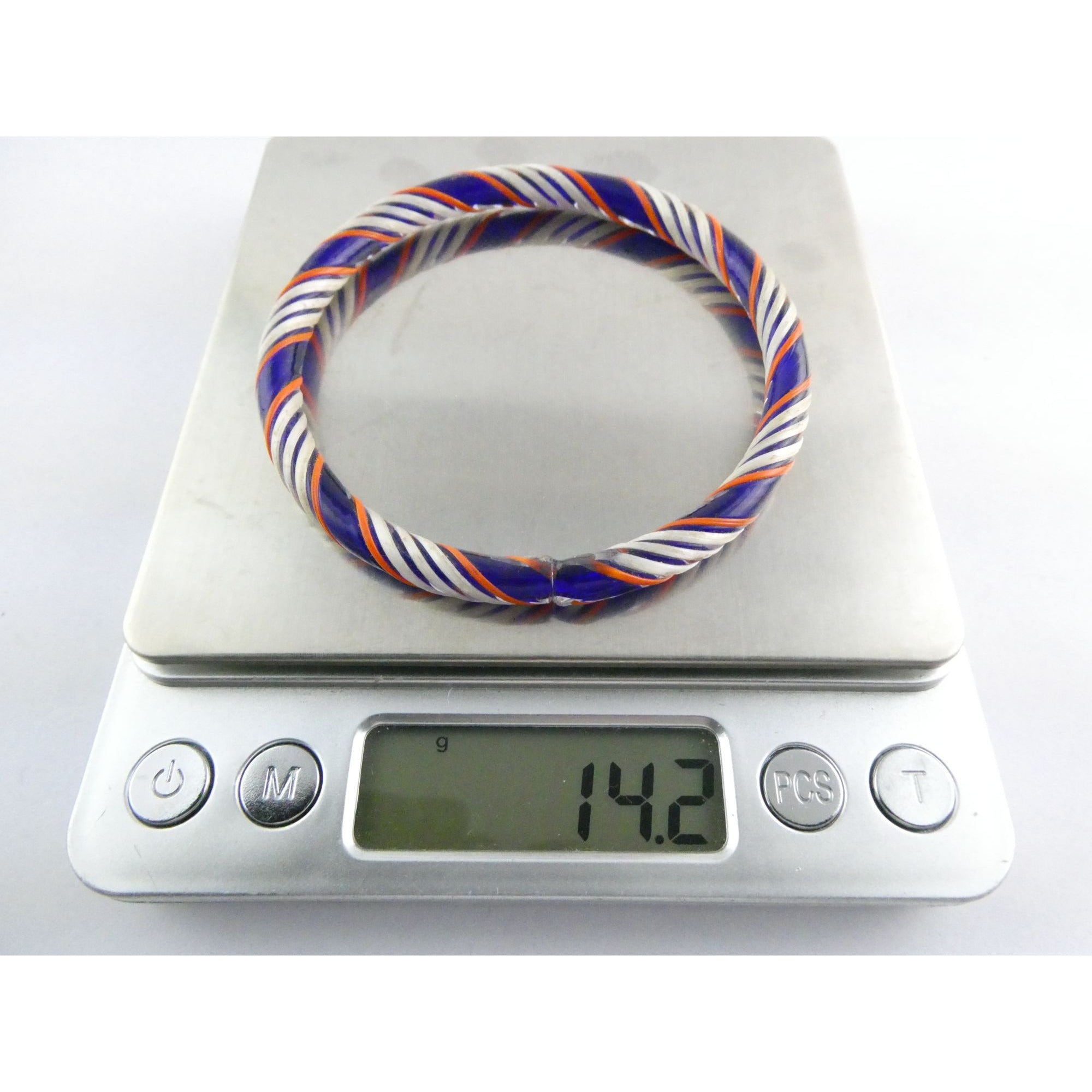 Vintage Art Glass Twirled Lined Design Blue Bangle Bracelet 8 Inches Small CHIP