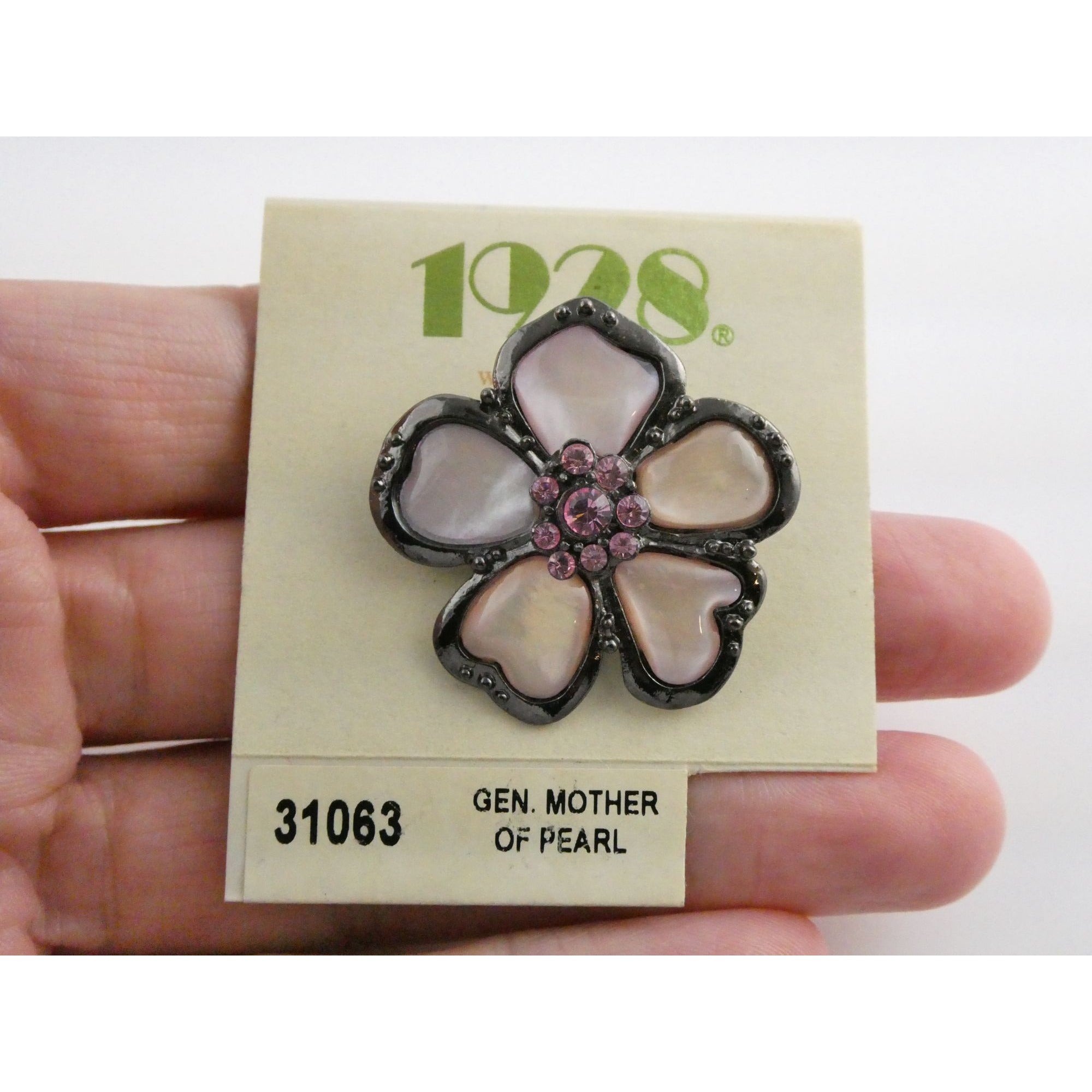 1928 Brand Jewelry Silvertone Metal and Pink MOP Flower Pin on Backing Card