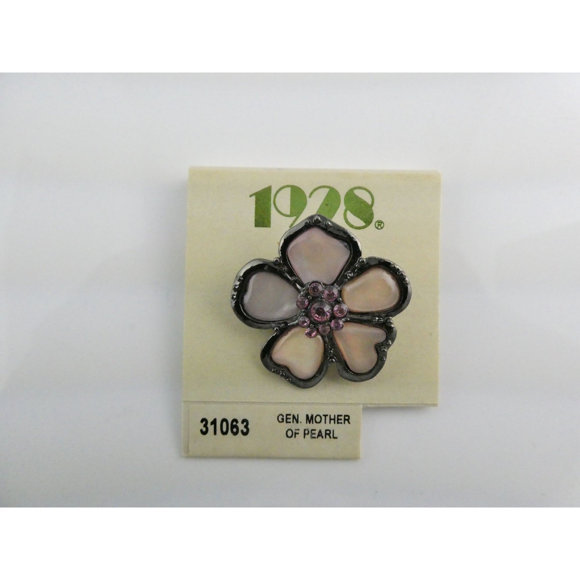 1928 Brand Jewelry Silvertone Metal and Pink MOP Flower Pin on Backing Card