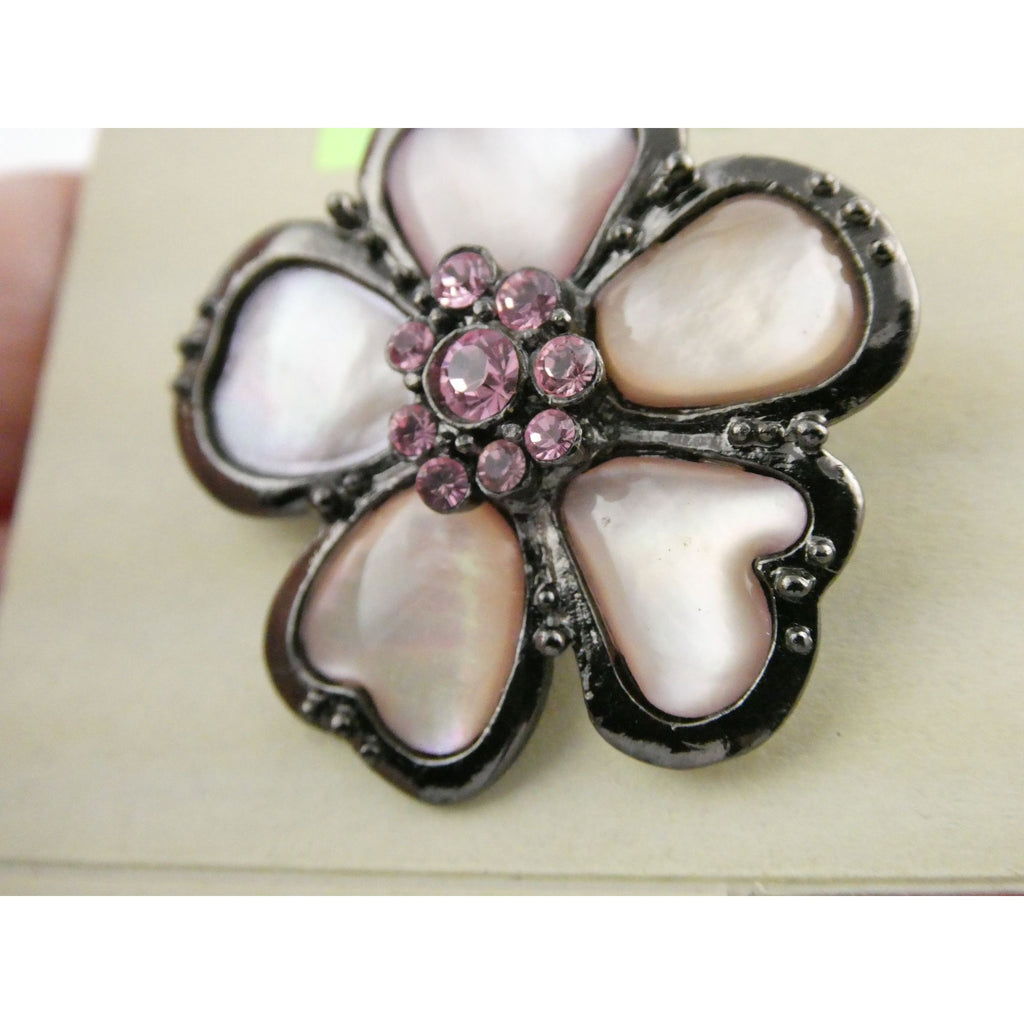 1928 Brand Jewelry Silvertone Metal and Pink MOP Flower Pin on Backing Card