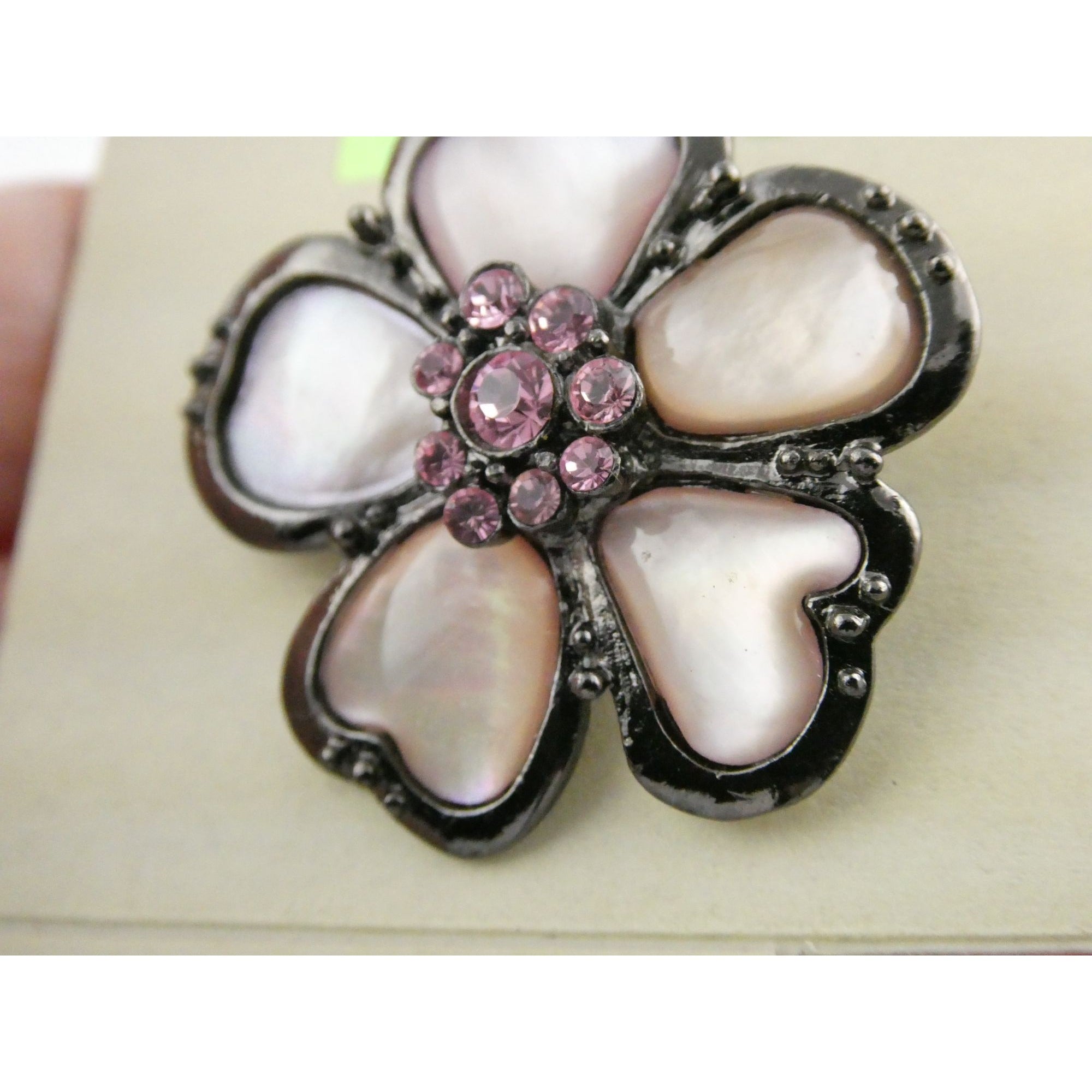 1928 Brand Jewelry Silvertone Metal and Pink MOP Flower Pin on Backing Card