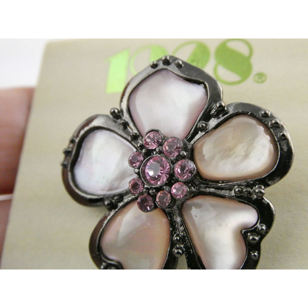 1928 Brand Jewelry Silvertone Metal and Pink MOP Flower Pin on Backing Card