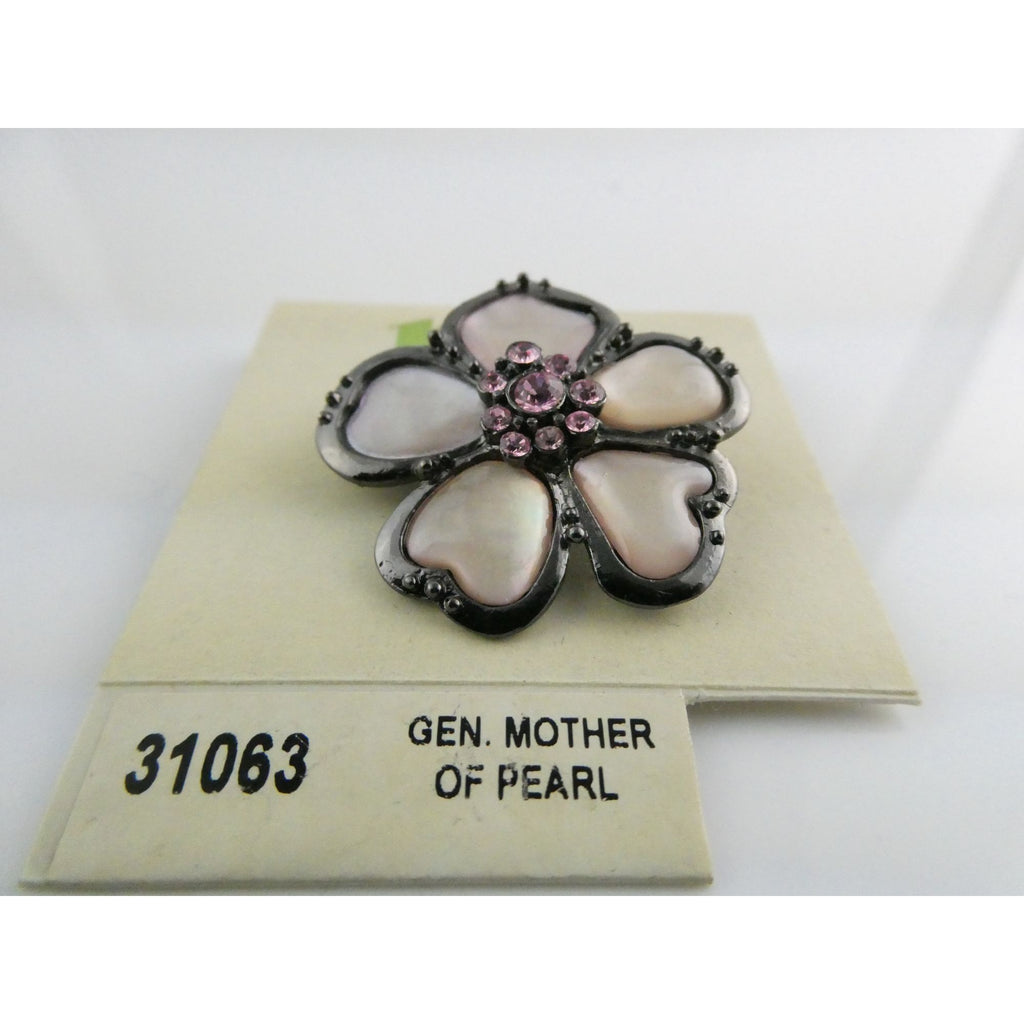 1928 Brand Jewelry Silvertone Metal and Pink MOP Flower Pin on Backing Card