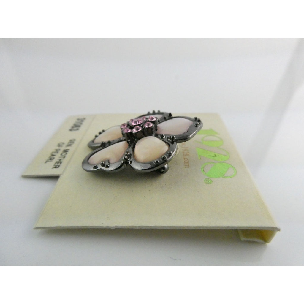 1928 Brand Jewelry Silvertone Metal and Pink MOP Flower Pin on Backing Card