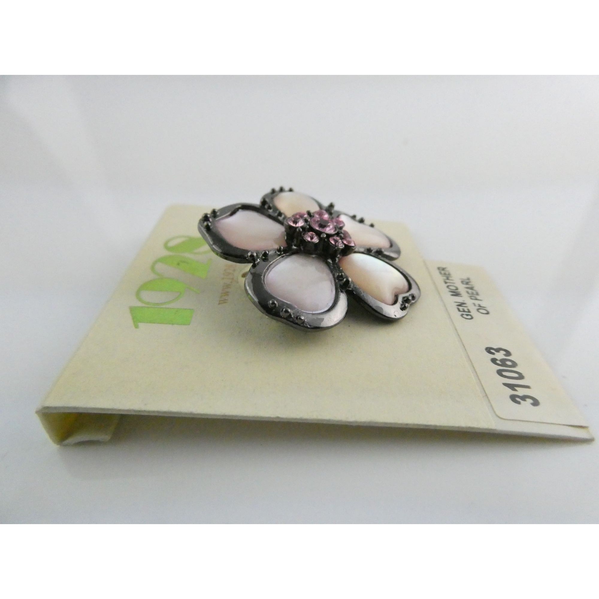 1928 Brand Jewelry Silvertone Metal and Pink MOP Flower Pin on Backing Card