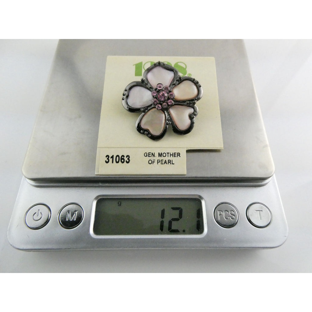 1928 Brand Jewelry Silvertone Metal and Pink MOP Flower Pin on Backing Card