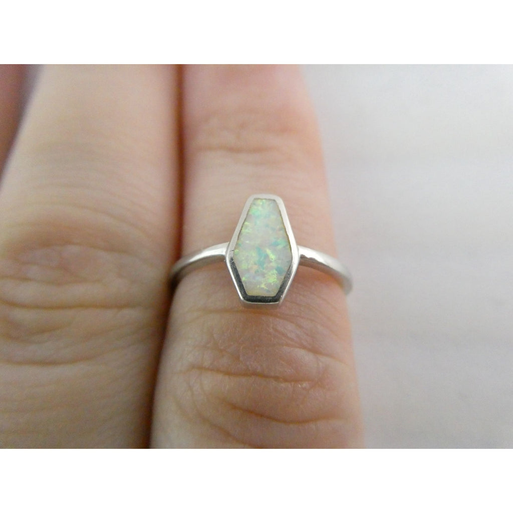 Sterling Silver Coffin Cut Flat Cab Lab Created White Opal Ring Size 6 1.4g
