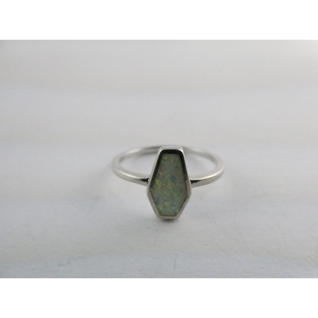 Sterling Silver Coffin Cut Flat Cab Lab Created White Opal Ring Size 6 1.4g
