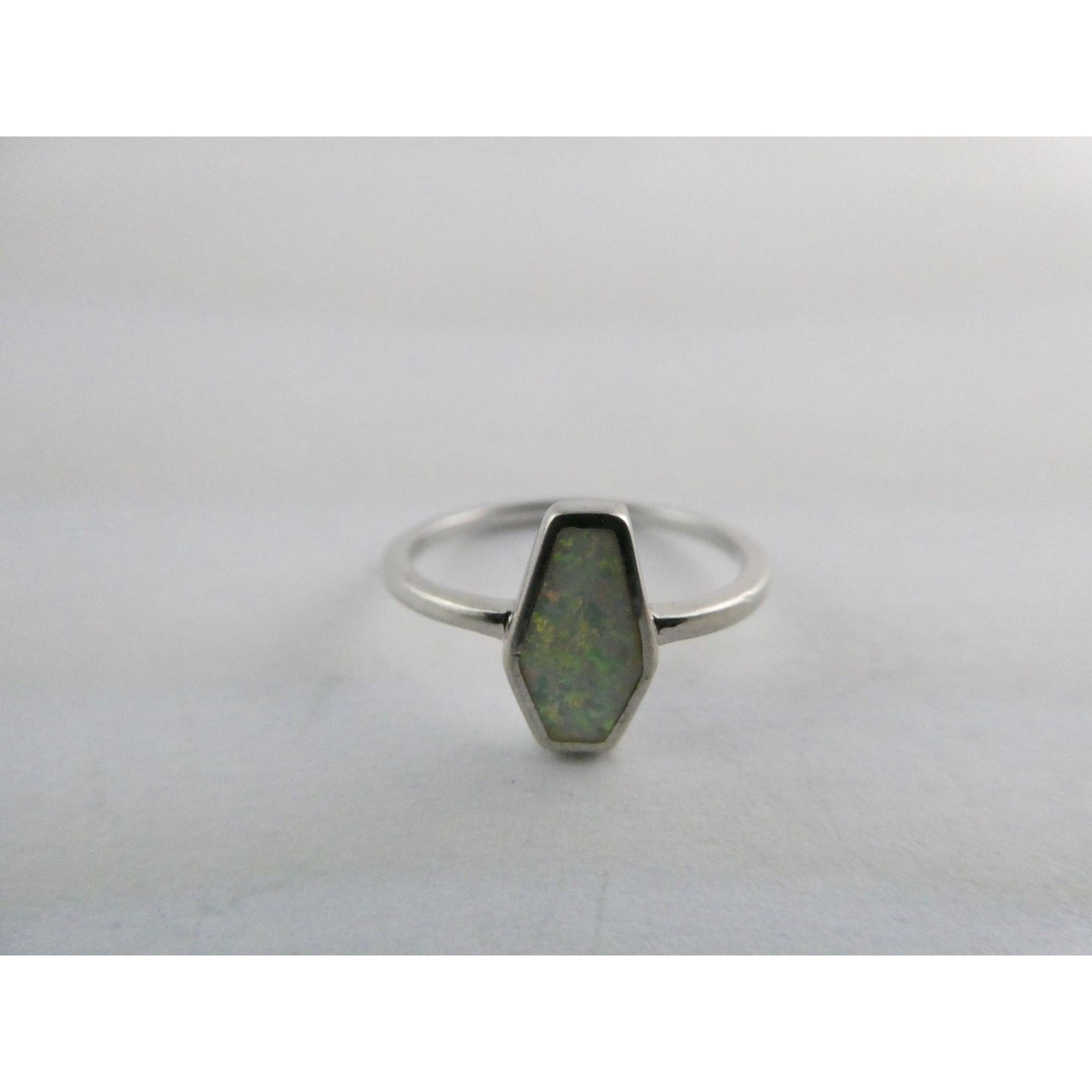 Sterling Silver Coffin Cut Flat Cab Lab Created White Opal Ring Size 6 1.4g