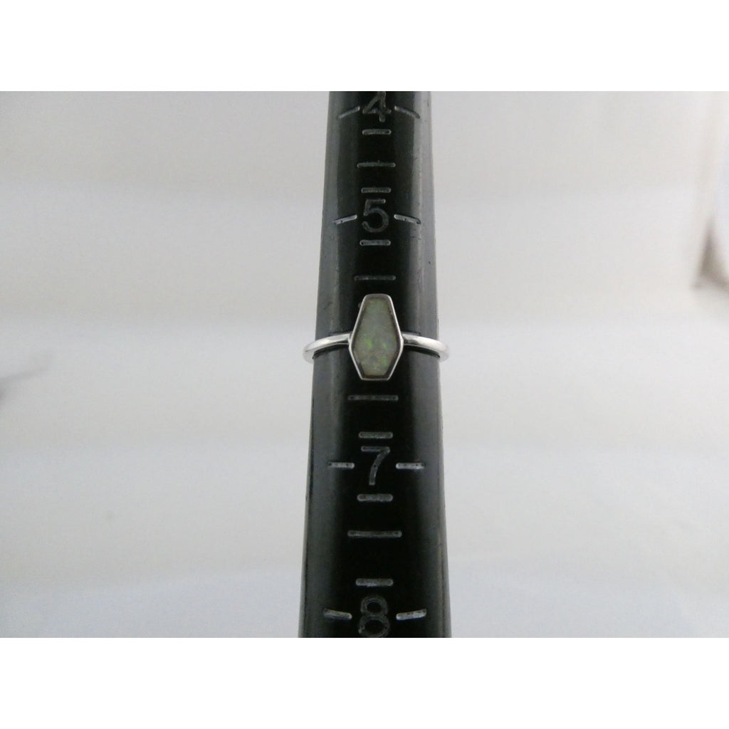Sterling Silver Coffin Cut Flat Cab Lab Created White Opal Ring Size 6 1.4g