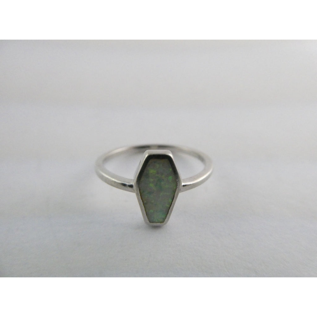 Sterling Silver Coffin Cut Flat Cab Lab Created White Opal Ring Size 6 1.4g