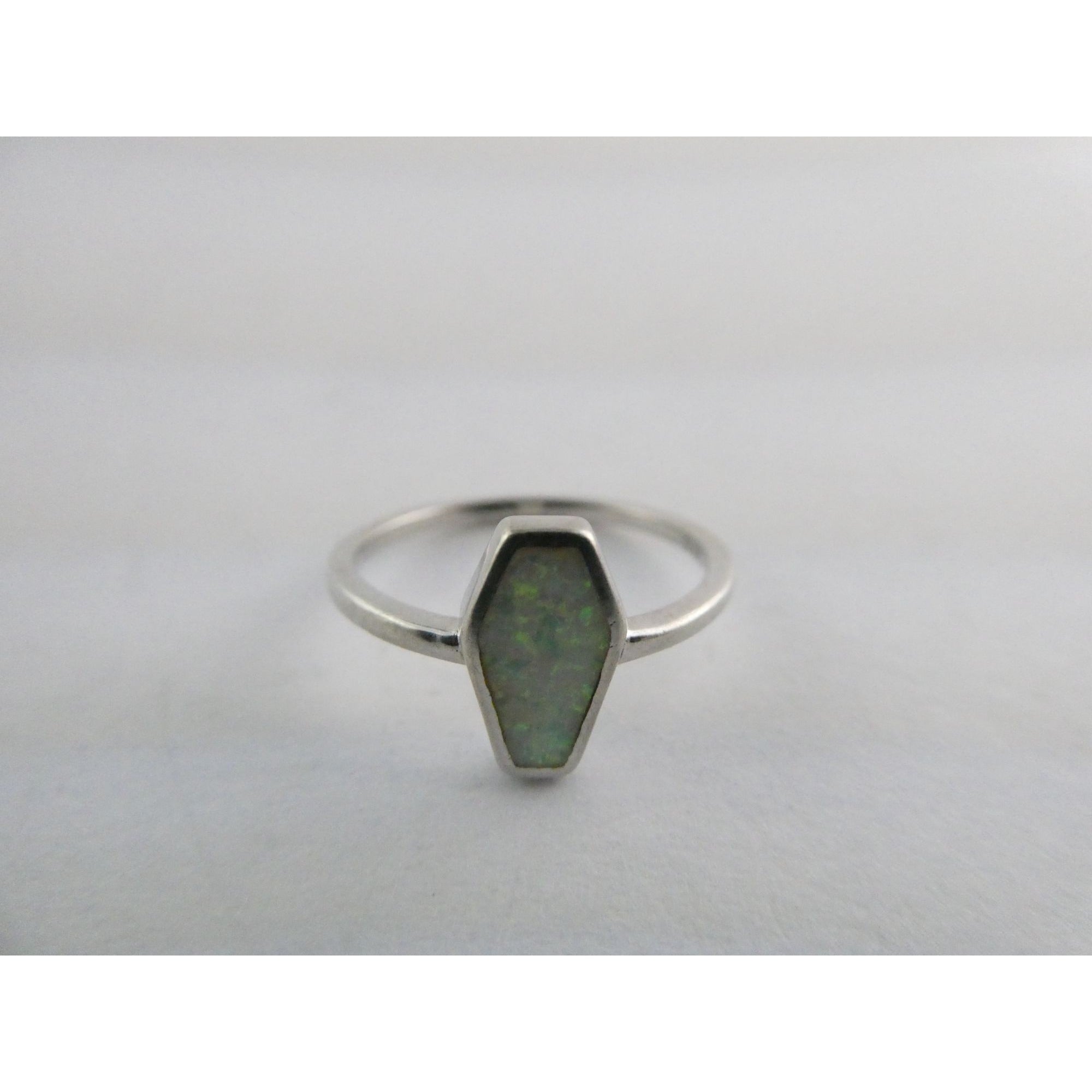 Sterling Silver Coffin Cut Flat Cab Lab Created White Opal Ring Size 6 1.4g