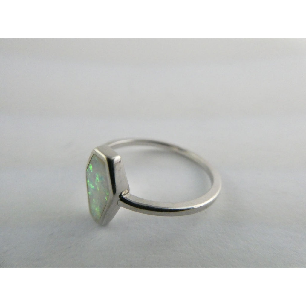 Sterling Silver Coffin Cut Flat Cab Lab Created White Opal Ring Size 6 1.4g