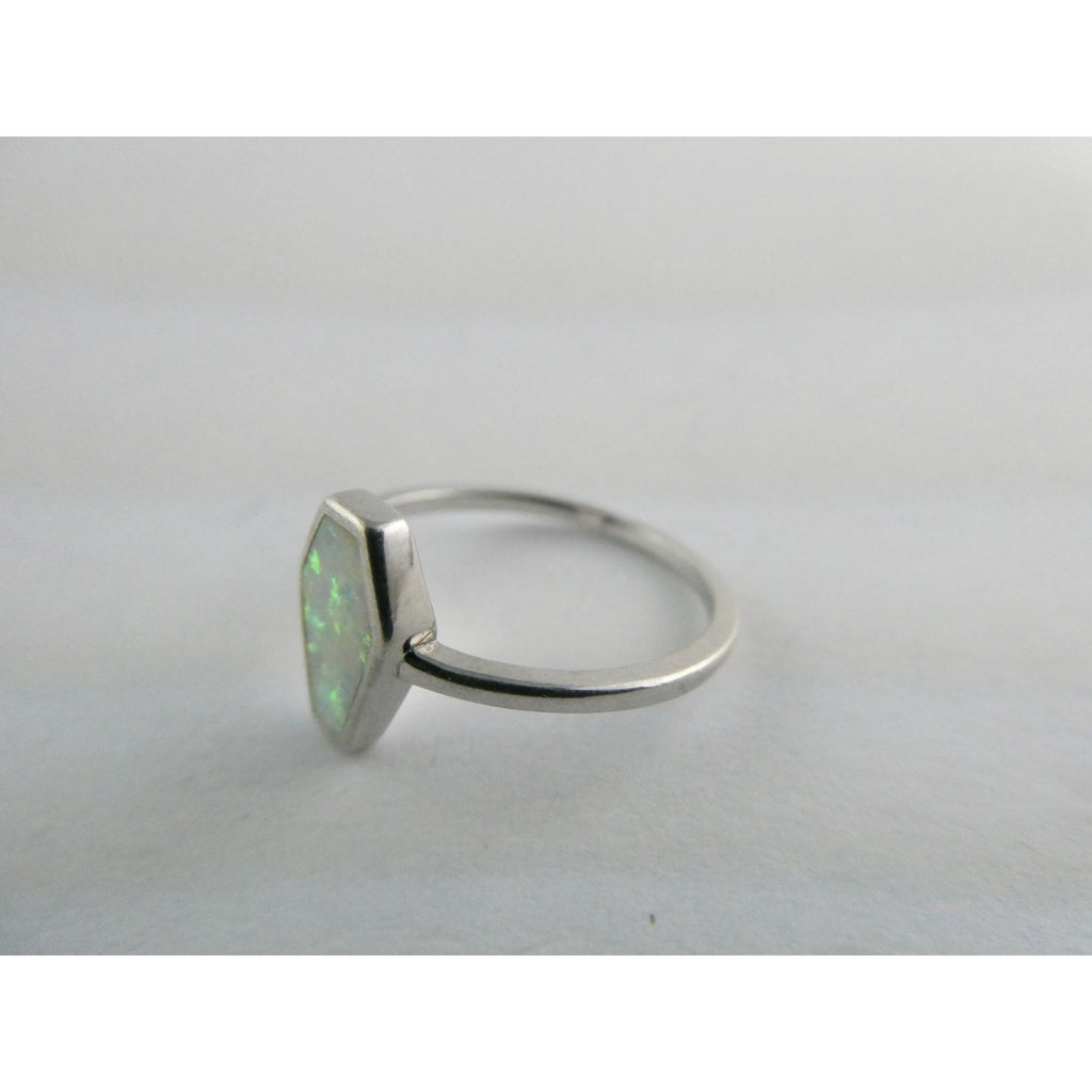 Sterling Silver Coffin Cut Flat Cab Lab Created White Opal Ring Size 6 1.4g