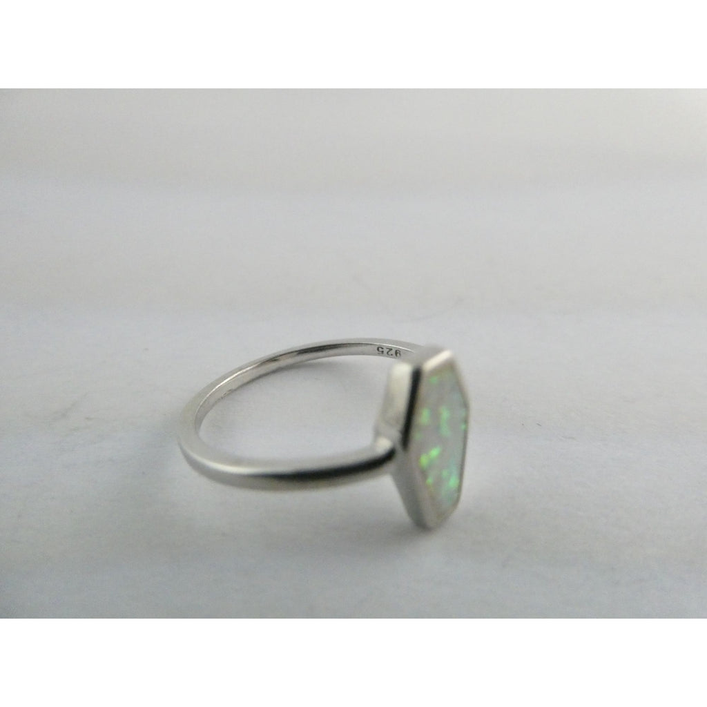 Sterling Silver Coffin Cut Flat Cab Lab Created White Opal Ring Size 6 1.4g