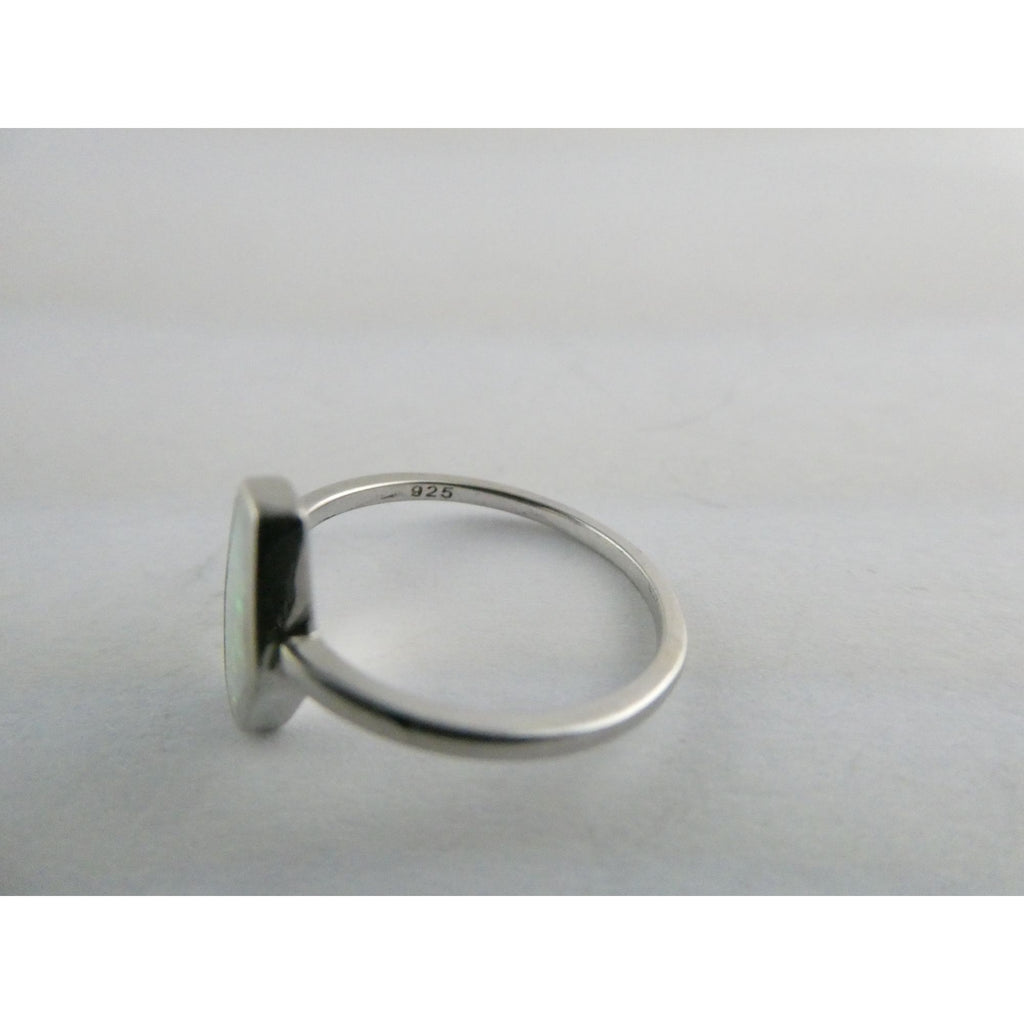 Sterling Silver Coffin Cut Flat Cab Lab Created White Opal Ring Size 6 1.4g