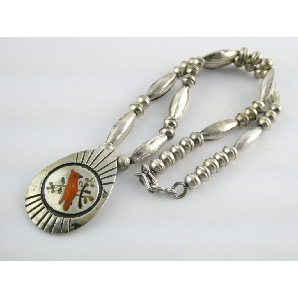 NA Southwestern Zuni Sterling Silver Red Cardinal Navajo Pearls Pendant Necklace