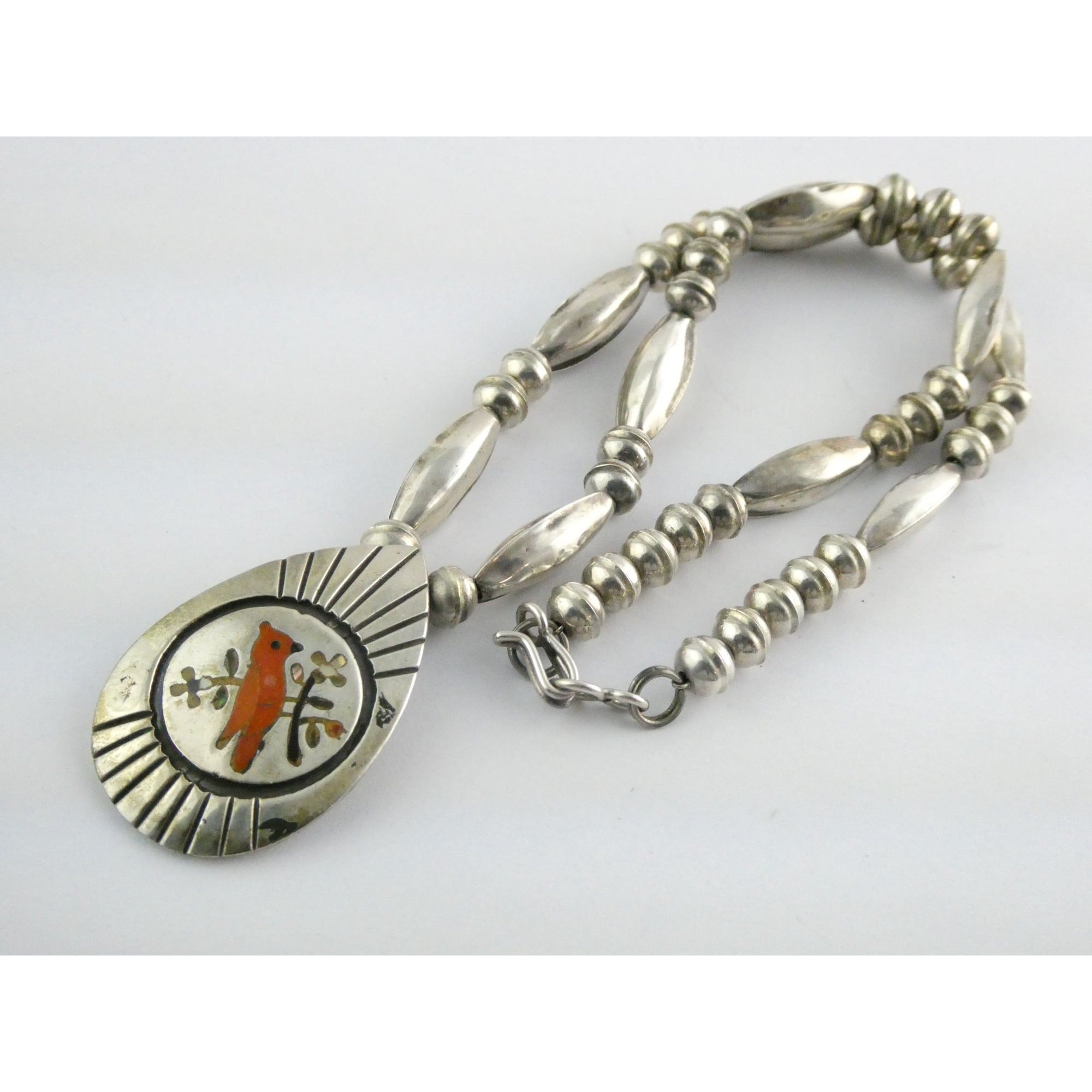 NA Southwestern Zuni Sterling Silver Red Cardinal Navajo Pearls Pendant Necklace