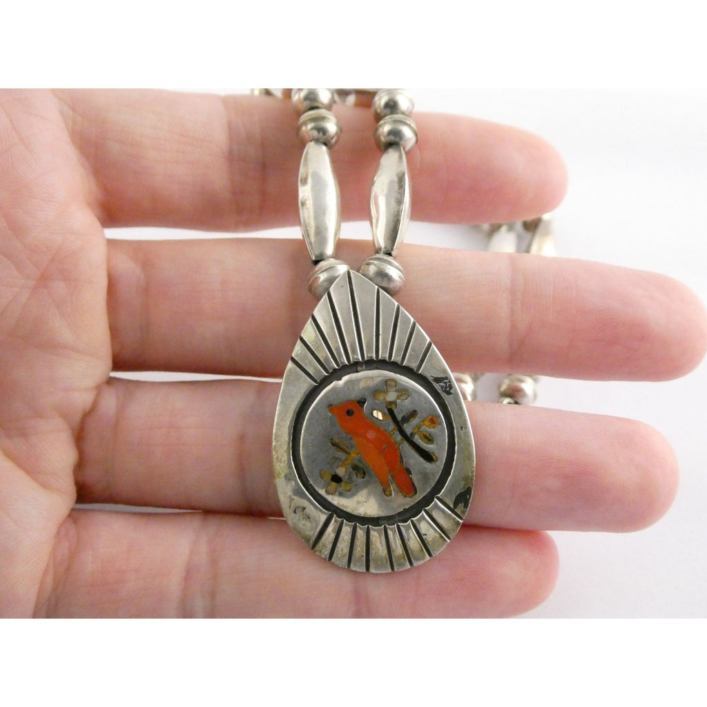 NA Southwestern Zuni Sterling Silver Red Cardinal Navajo Pearls Pendant Necklace