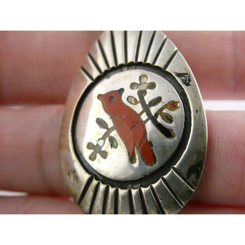 NA Southwestern Zuni Sterling Silver Red Cardinal Navajo Pearls Pendant Necklace