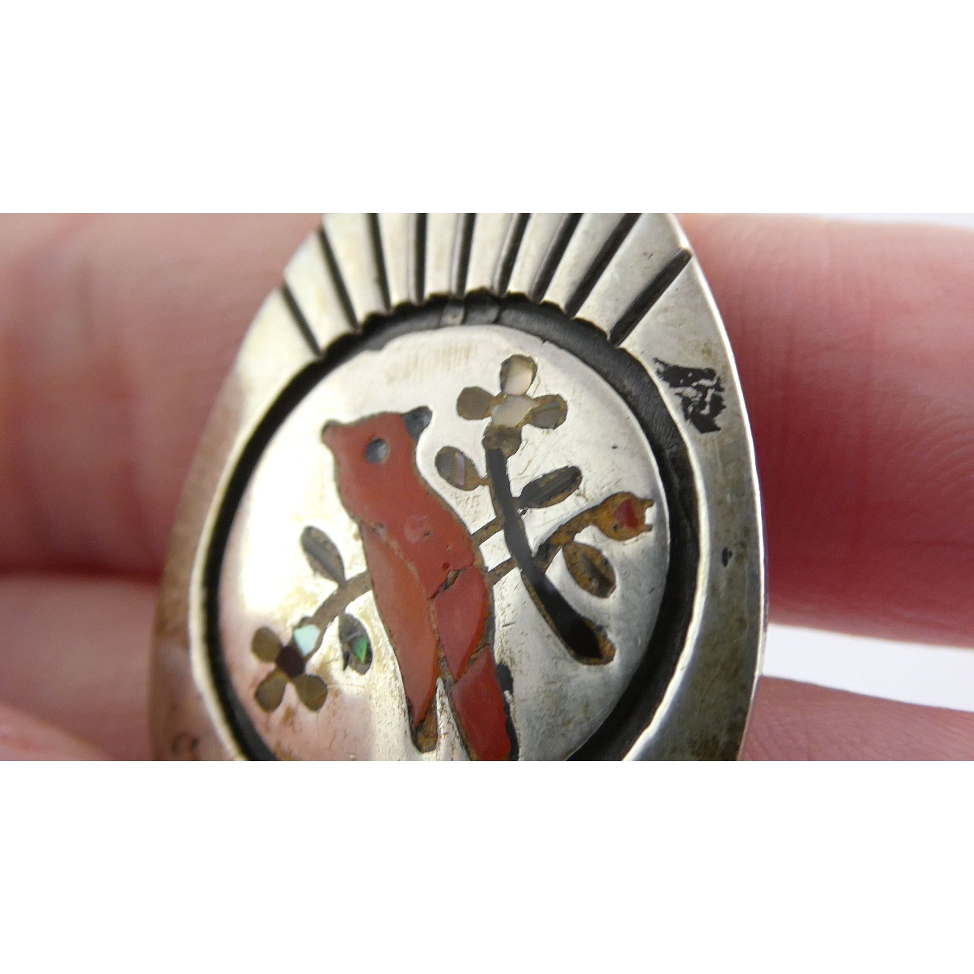 NA Southwestern Zuni Sterling Silver Red Cardinal Navajo Pearls Pendant Necklace