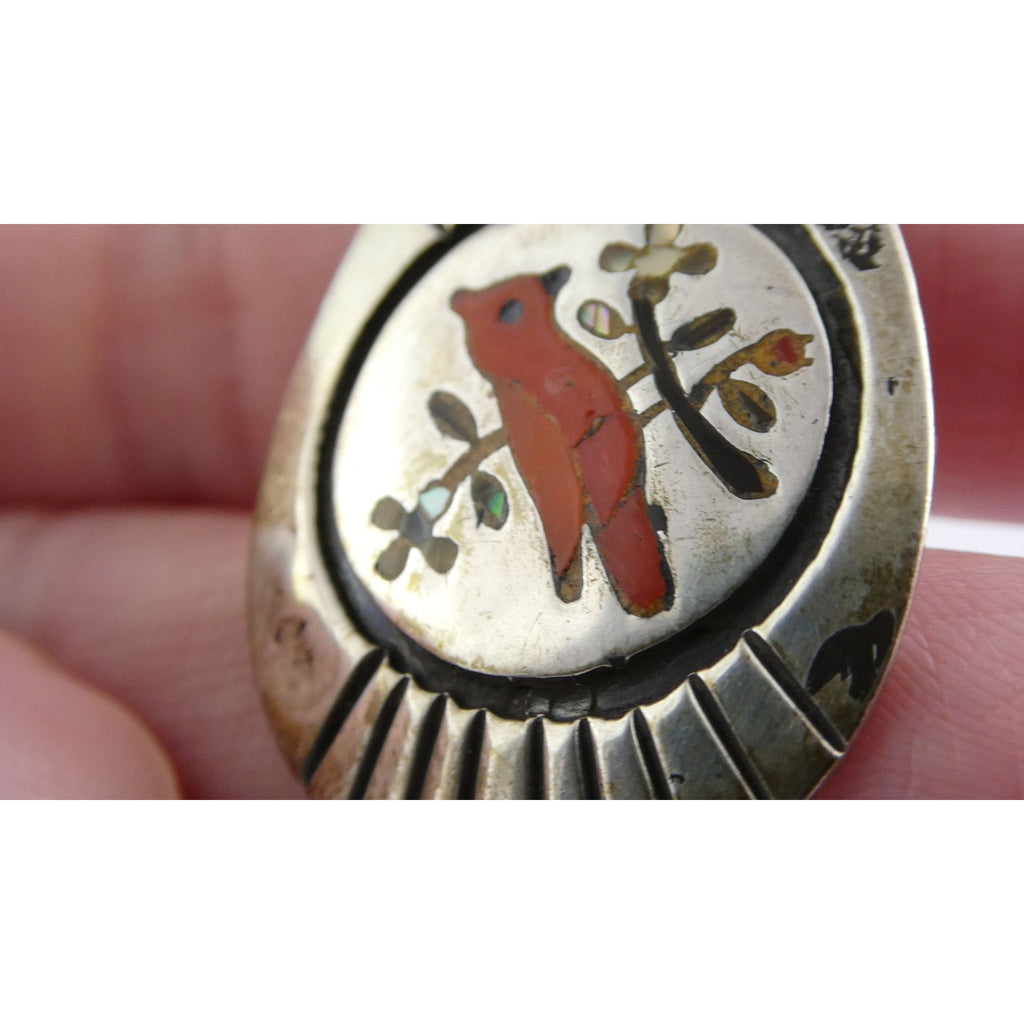 NA Southwestern Zuni Sterling Silver Red Cardinal Navajo Pearls Pendant Necklace