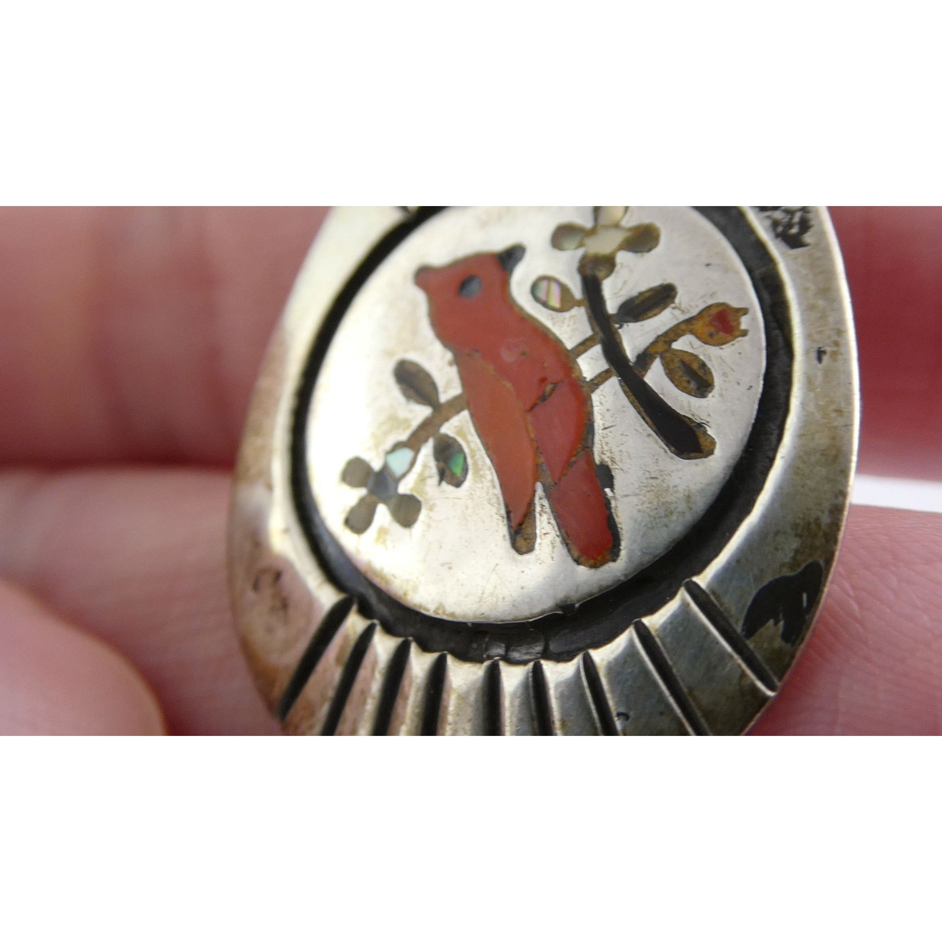 NA Southwestern Zuni Sterling Silver Red Cardinal Navajo Pearls Pendant Necklace
