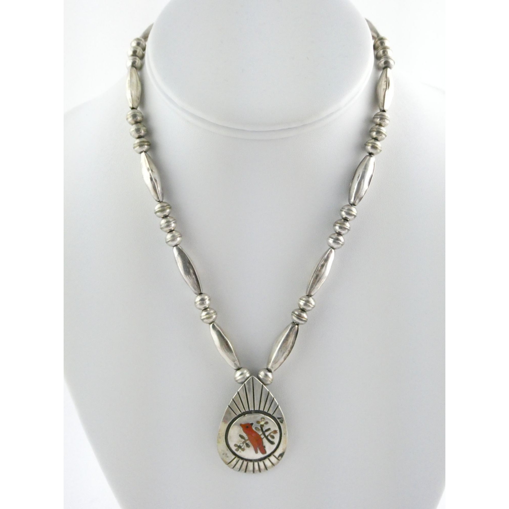 NA Southwestern Zuni Sterling Silver Red Cardinal Navajo Pearls Pendant Necklace