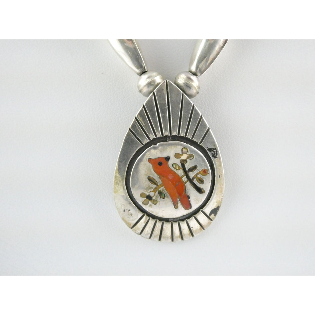 NA Southwestern Zuni Sterling Silver Red Cardinal Navajo Pearls Pendant Necklace