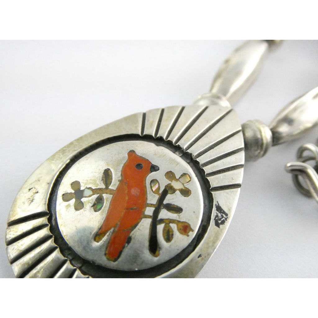 NA Southwestern Zuni Sterling Silver Red Cardinal Navajo Pearls Pendant Necklace