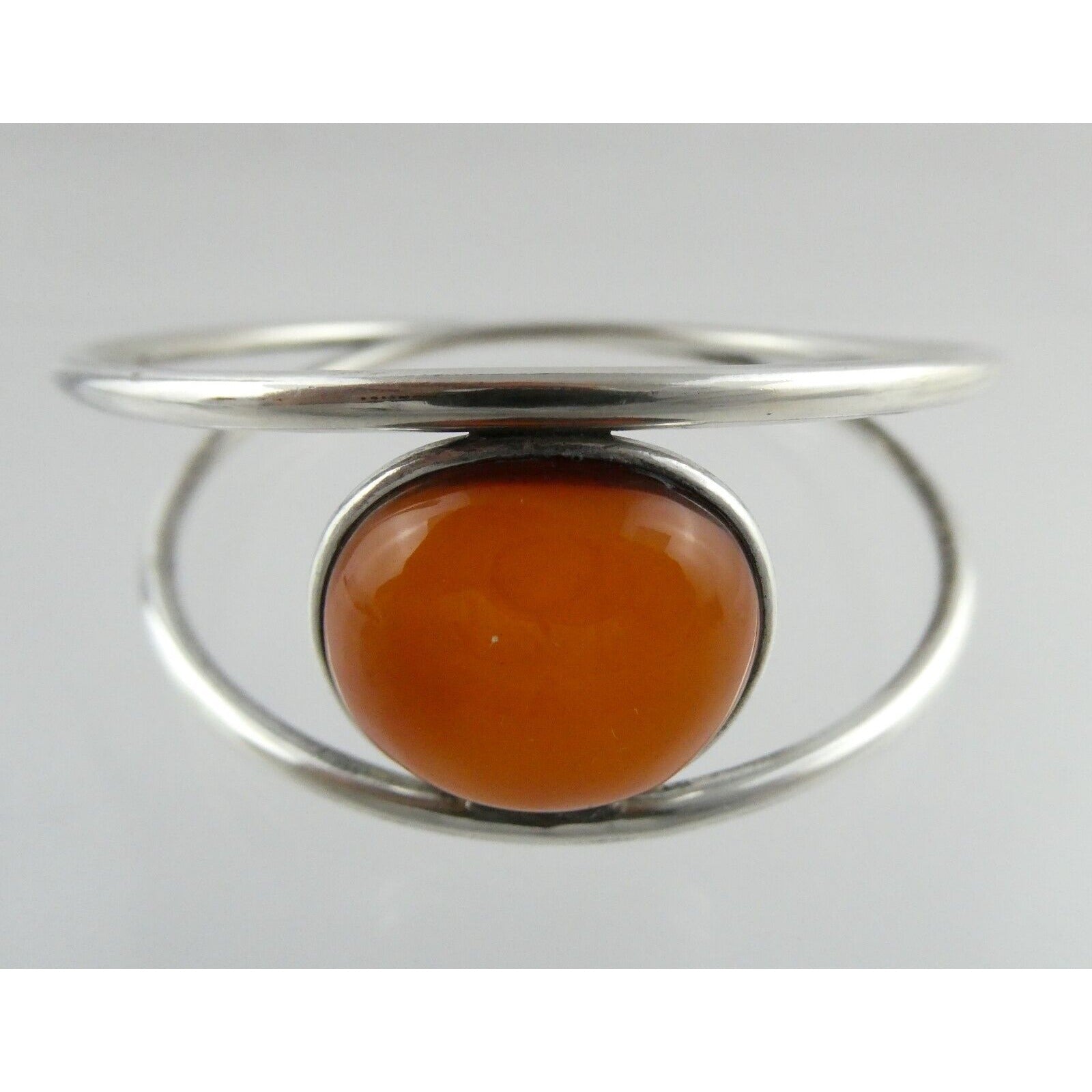 Polish Sterling Silver Orange Amber Cabochon Bangle Bracelet 925 Poland 8.5 Inch