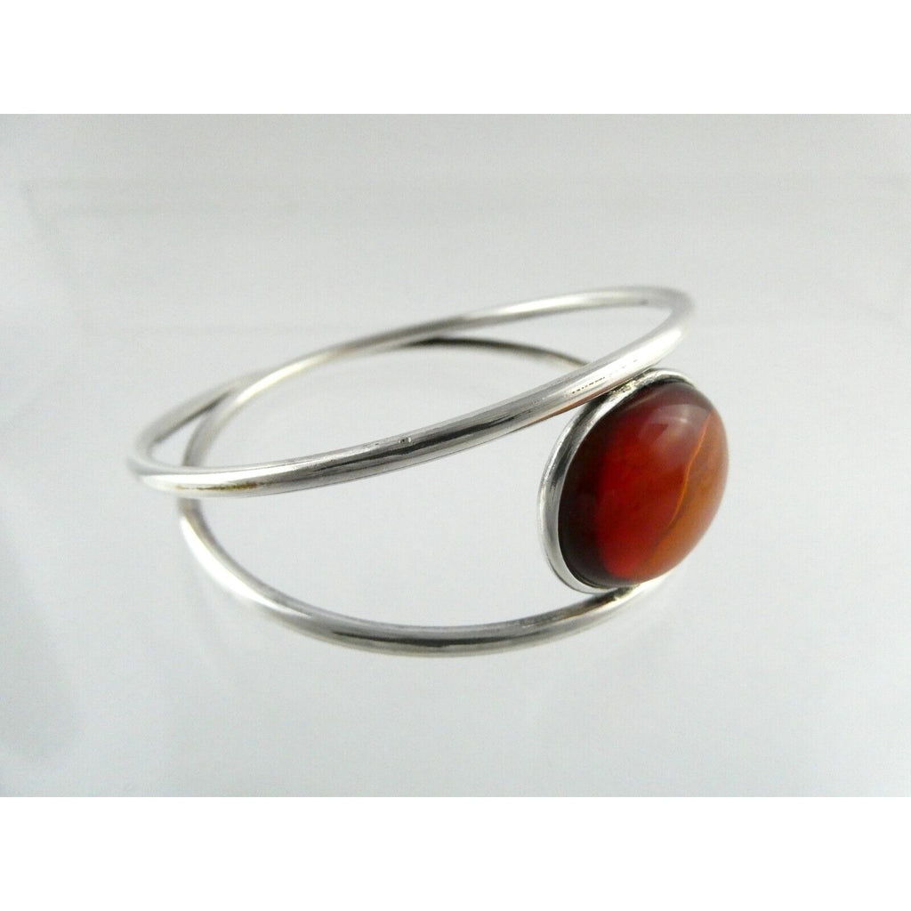 Polish Sterling Silver Orange Amber Cabochon Bangle Bracelet 925 Poland 8.5 Inch