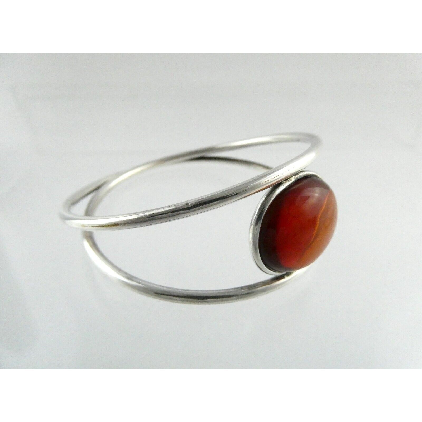 Polish Sterling Silver Orange Amber Cabochon Bangle Bracelet 925 Poland 8.5 Inch