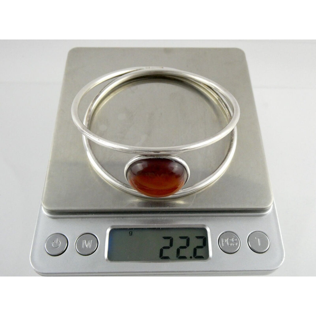 Polish Sterling Silver Orange Amber Cabochon Bangle Bracelet 925 Poland 8.5 Inch