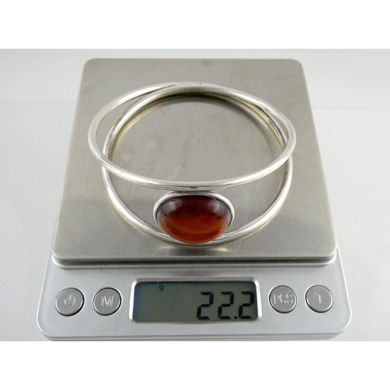 Polish Sterling Silver Orange Amber Cabochon Bangle Bracelet 925 Poland 8.5 Inch