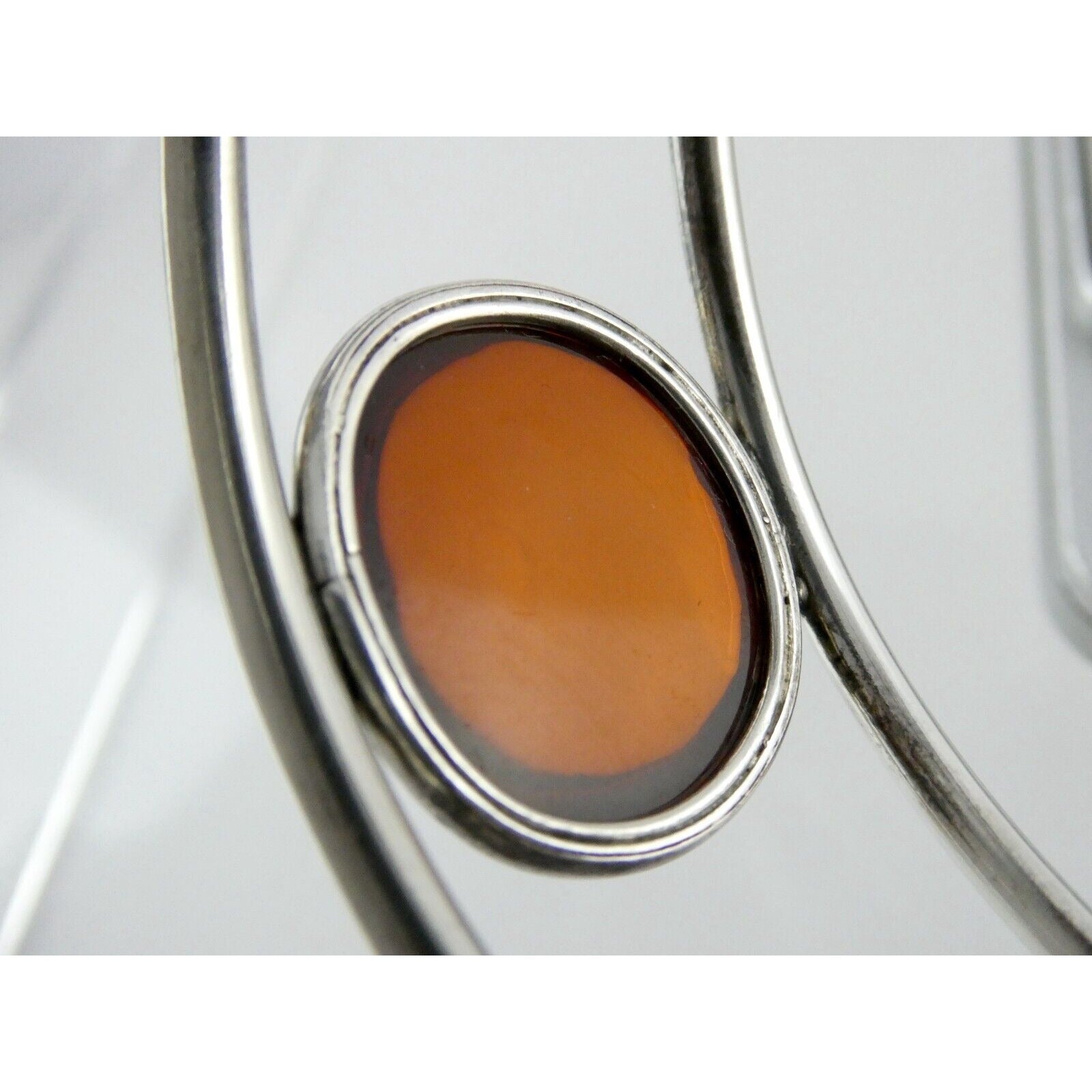 Polish Sterling Silver Orange Amber Cabochon Bangle Bracelet 925 Poland 8.5 Inch