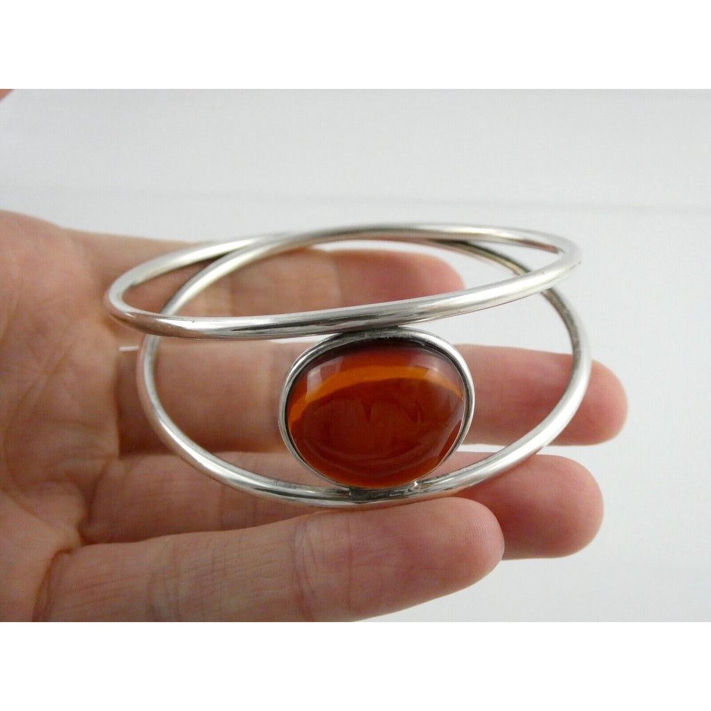 Polish Sterling Silver Orange Amber Cabochon Bangle Bracelet 925 Poland 8.5 Inch