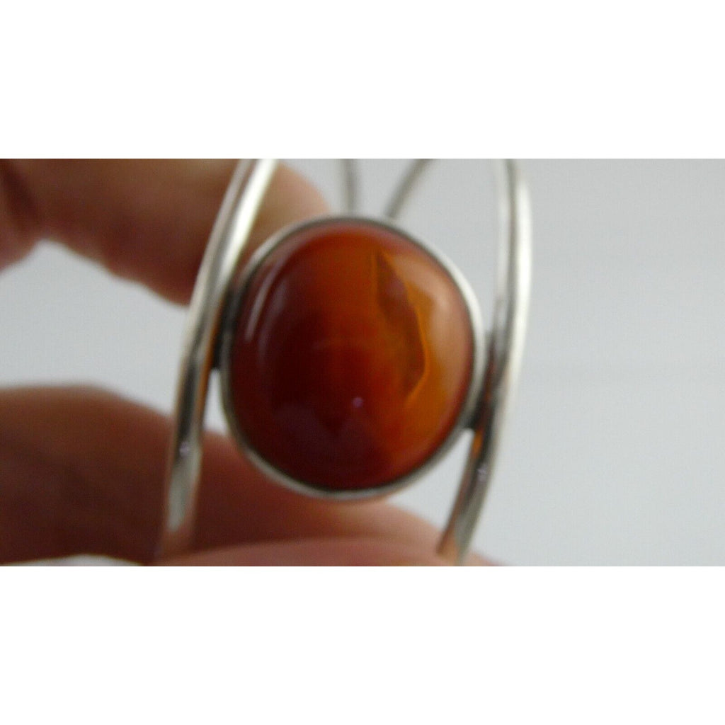 Polish Sterling Silver Orange Amber Cabochon Bangle Bracelet 925 Poland 8.5 Inch