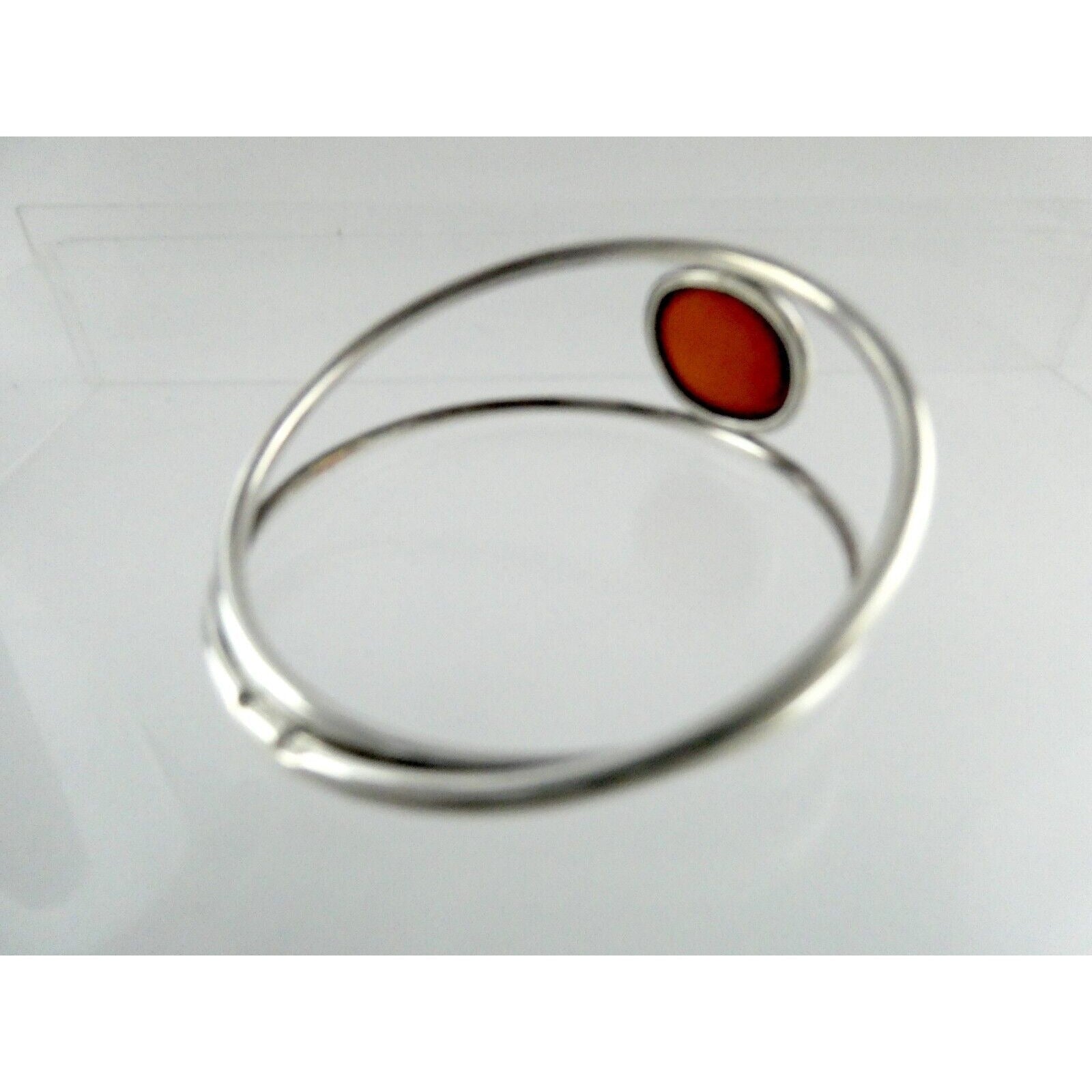 Polish Sterling Silver Orange Amber Cabochon Bangle Bracelet 925 Poland 8.5 Inch