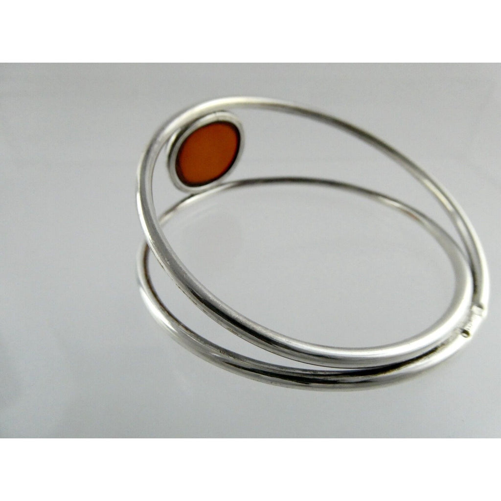 Polish Sterling Silver Orange Amber Cabochon Bangle Bracelet 925 Poland 8.5 Inch