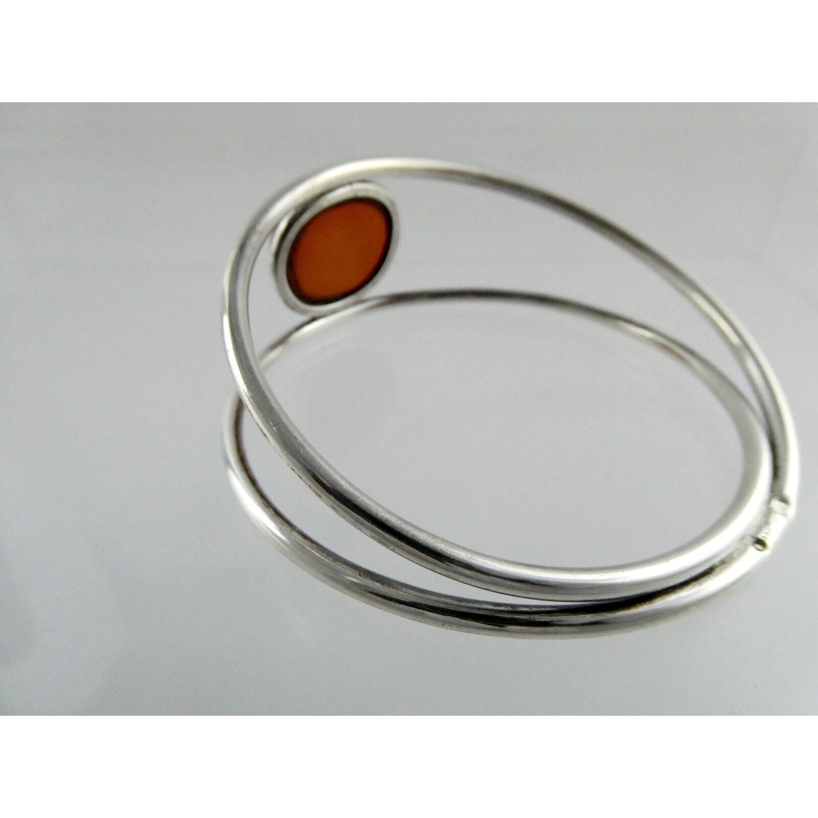 Polish Sterling Silver Orange Amber Cabochon Bangle Bracelet 925 Poland 8.5 Inch