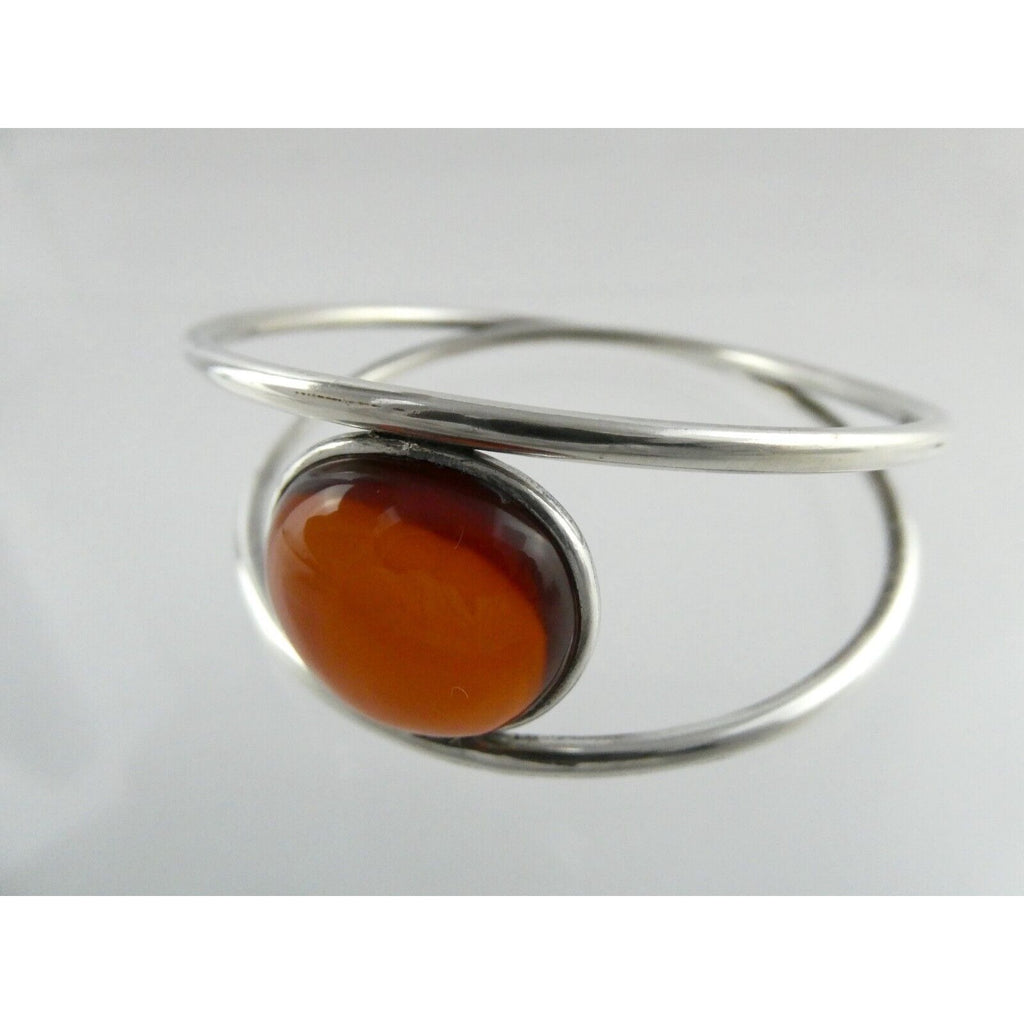 Polish Sterling Silver Orange Amber Cabochon Bangle Bracelet 925 Poland 8.5 Inch