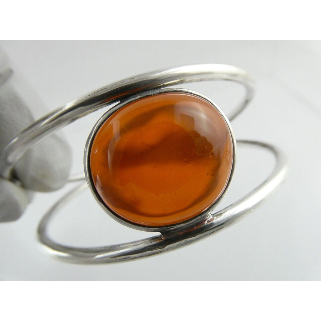 Polish Sterling Silver Orange Amber Cabochon Bangle Bracelet 925 Poland 8.5 Inch