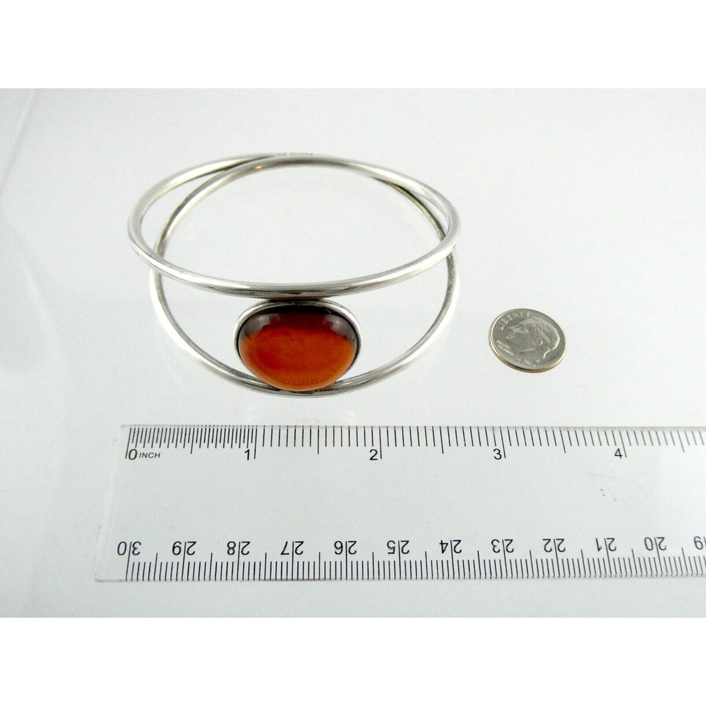 Polish Sterling Silver Orange Amber Cabochon Bangle Bracelet 925 Poland 8.5 Inch