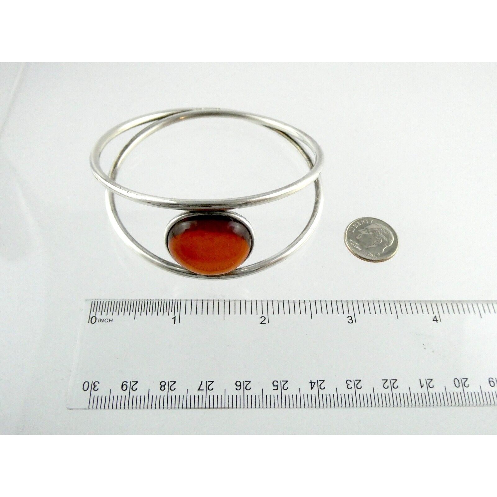 Polish Sterling Silver Orange Amber Cabochon Bangle Bracelet 925 Poland 8.5 Inch